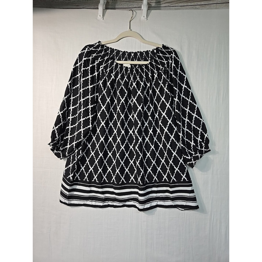 Chico's Chiffon Blouse Geo Print Women's 4 XXL Smocked 3/4 Sleeves Black White